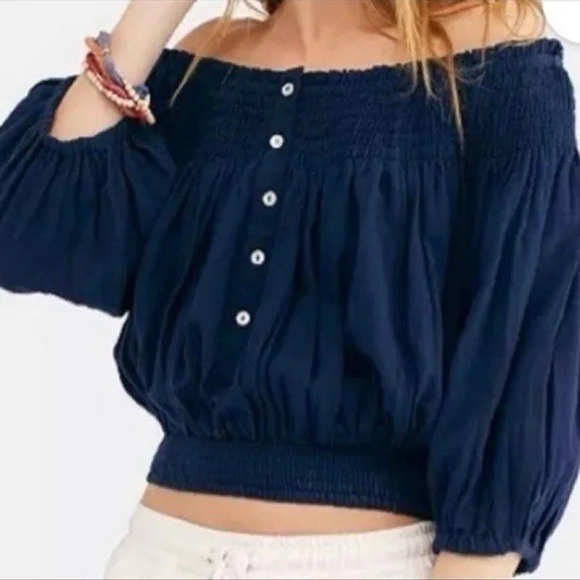 Free People We The Free Dancing Till Dawn Top Navy Off Shoulder Smocked Peasant - Picture 1 of 8